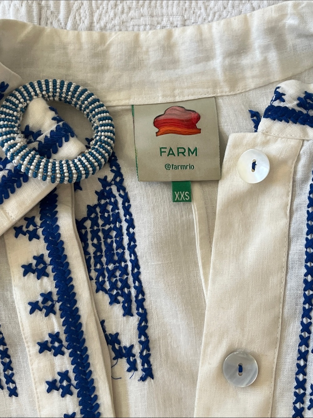 FARM Rio White Mini Dress with Blue Embroidery Crosstitch - Picture 3 of 10